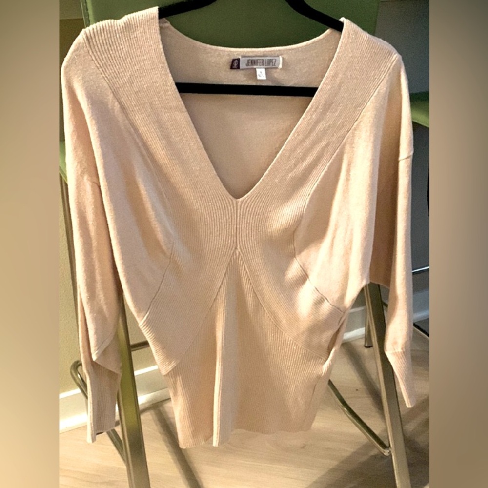 Jennifer Lopez Sparkle V-Neck Sweater S Minimalist Solid Neutral Glam